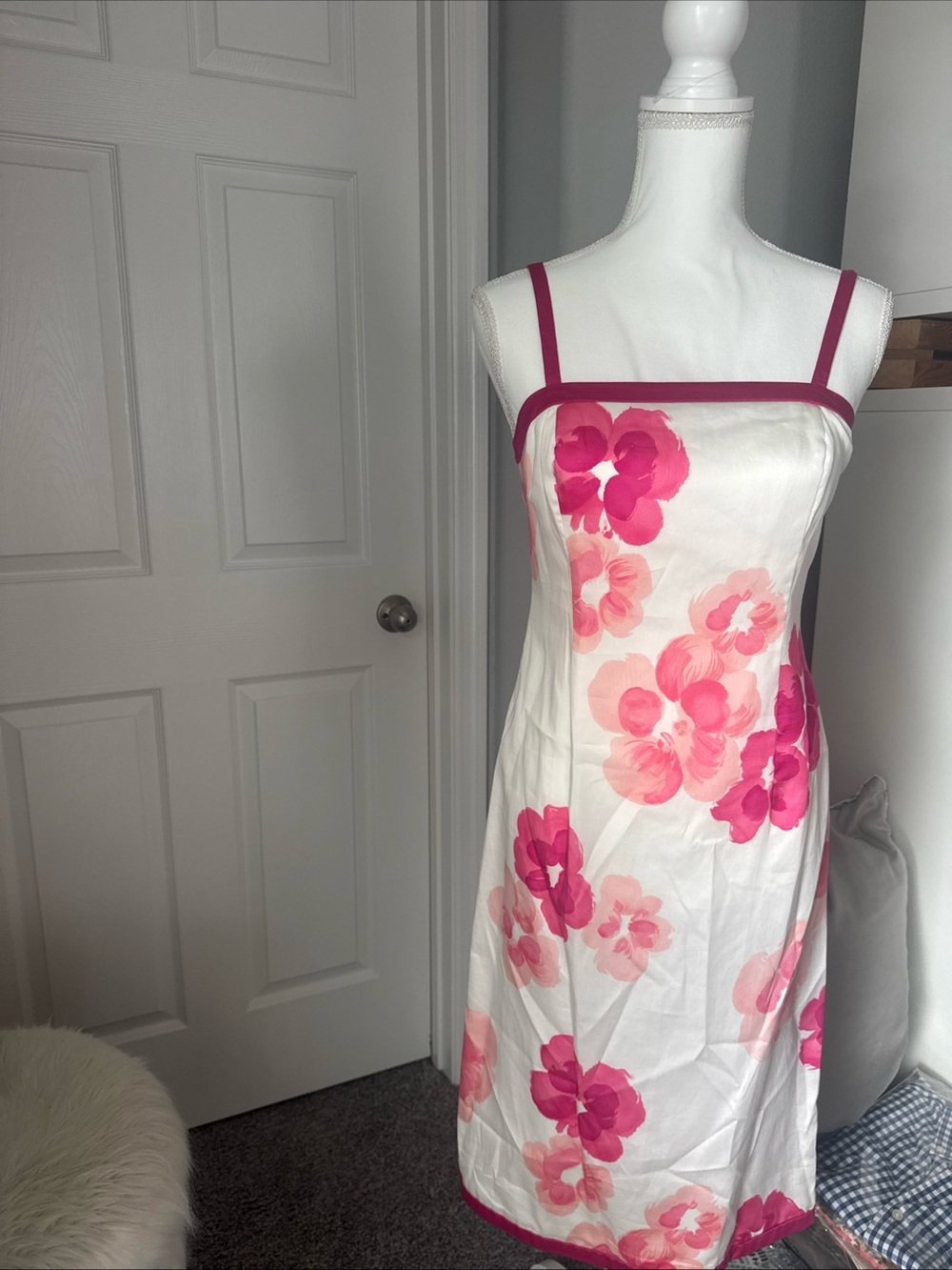 Ann Taylor White Floral Slip Dress with Pink Trim